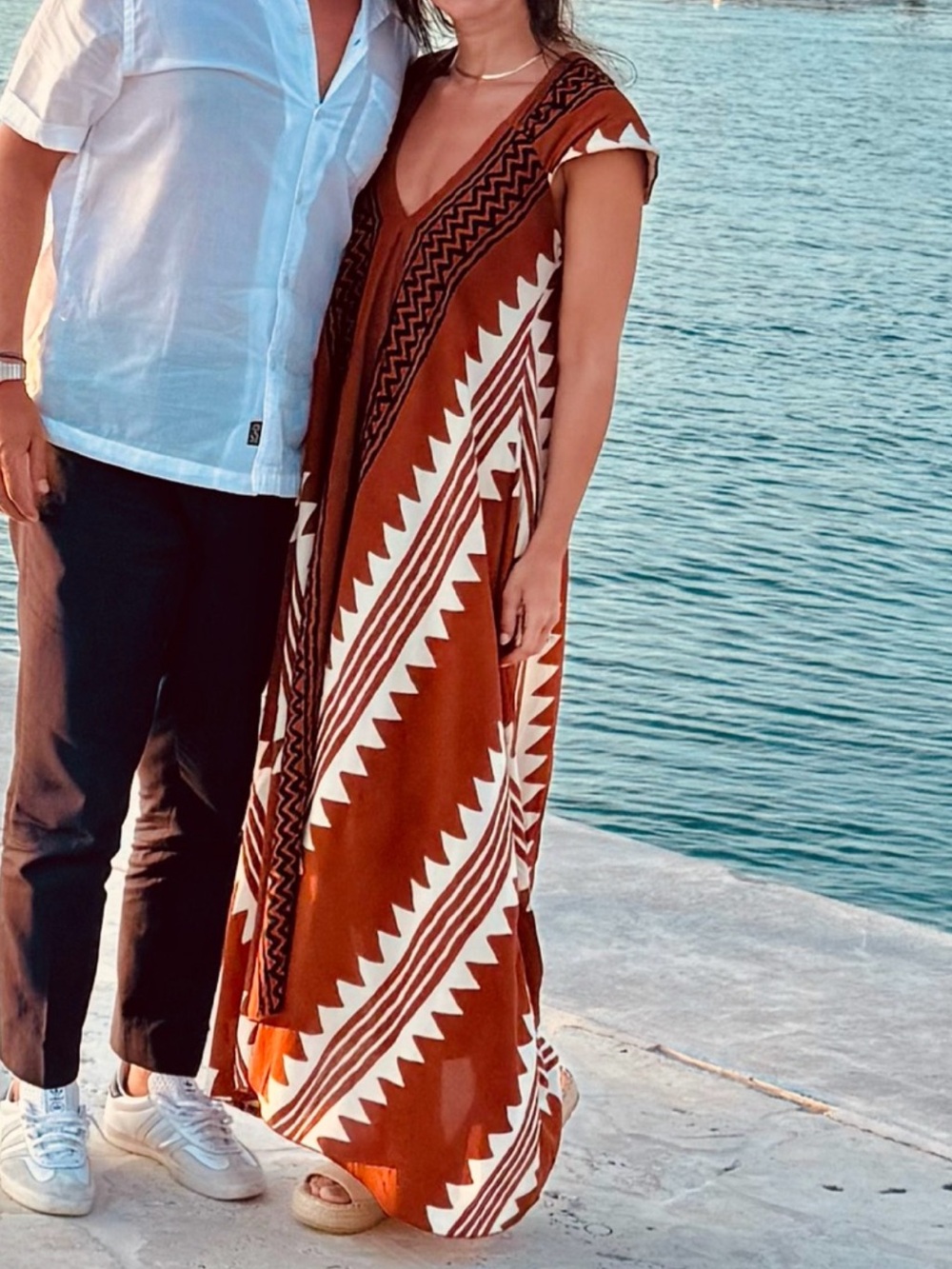 Brown & White Tribal Print V-Neck Maxi Dress